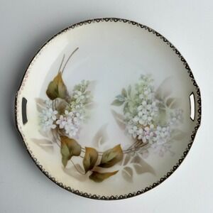 VTG RS Germany Floral Porcelain Handled Cake Plate White Lilacs Gold Trim 10"